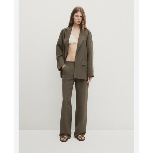 Massimo Dutti Linen Pants EU 40 US 8 Olive Green Wide Leg Trousers 5072/904 NWT - Picture 1 of 12